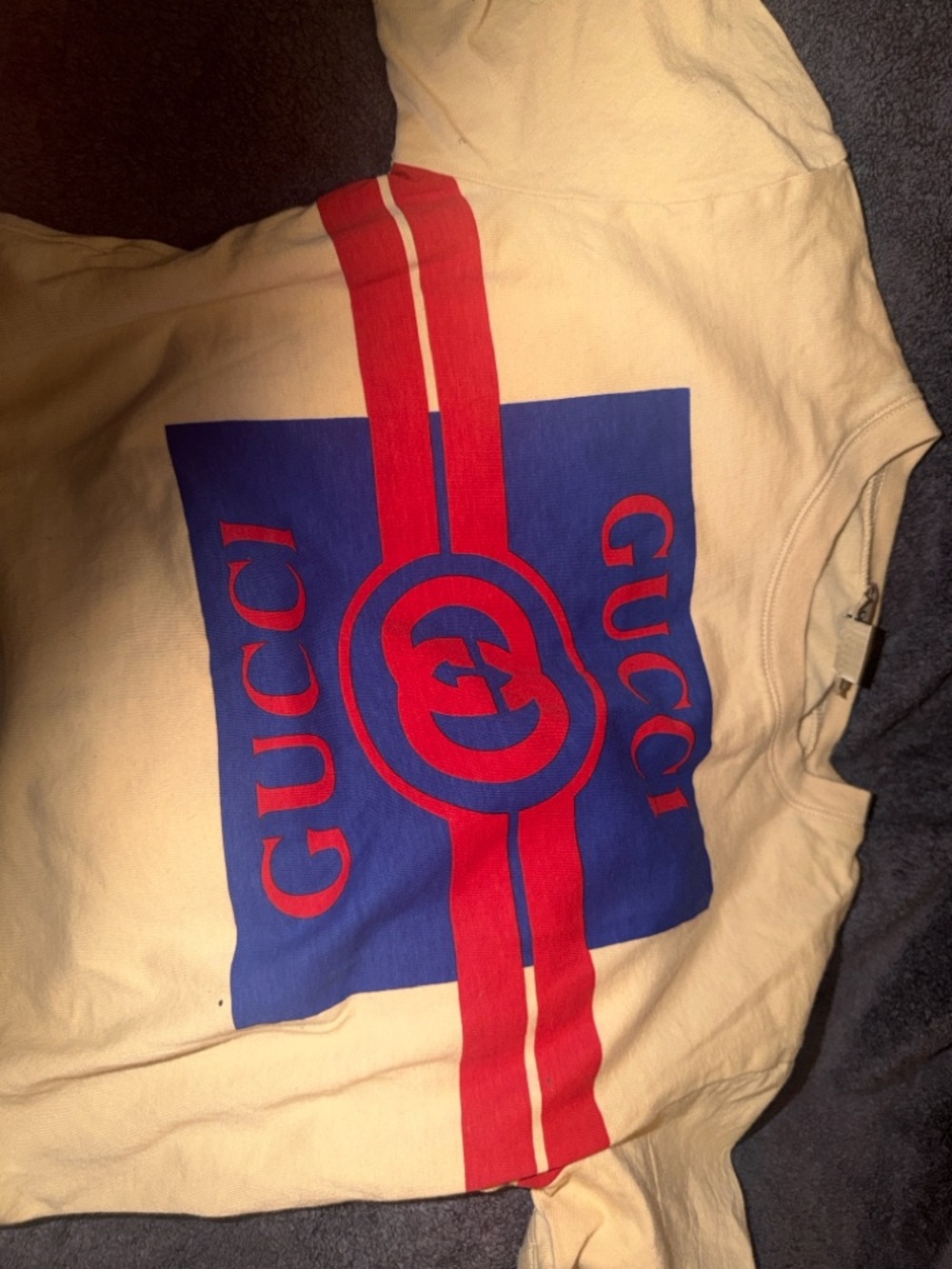 Gucci Cream Tee with Blue Block and Red Stripes